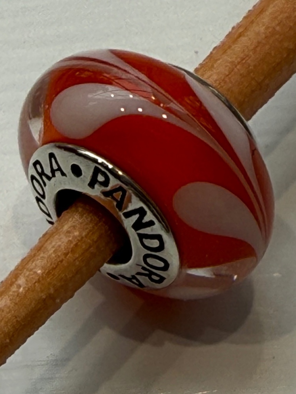 Pandora Murano glass bead, large, sterling silver/orange/white